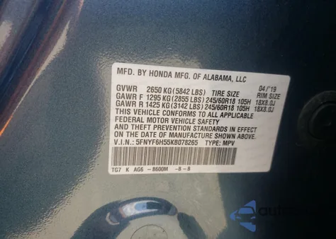 2019 Honda Pilot Exl z USA, uszkodzony, nr VIN 5FNYF6H55KB078265